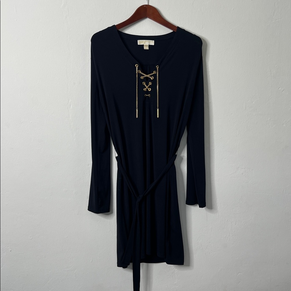 Michael by Michael Kors Black Lace-Up Belted Dress Size Large | Long Sleeve